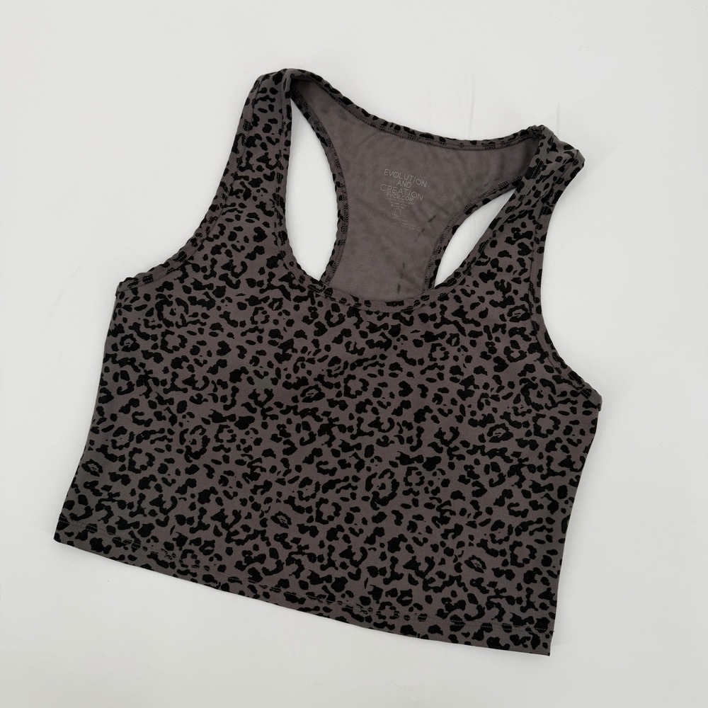 Evolution and Creation Leopard Print Racerback Crop Tank Top Grey Large Wild